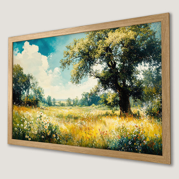 Framed Poster of a vibrant landscape painting. Features a tree, meadow, and blue sky with a warm, natural color palette.