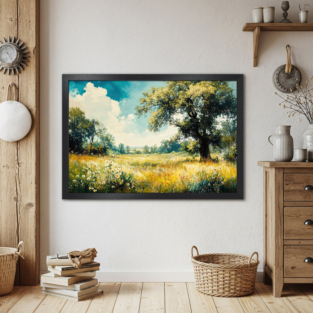 Framed Poster of a serene landscape painting. Features a field of flowers, trees, and a blue sky. Warm, inviting color palette. Perfect wall art.