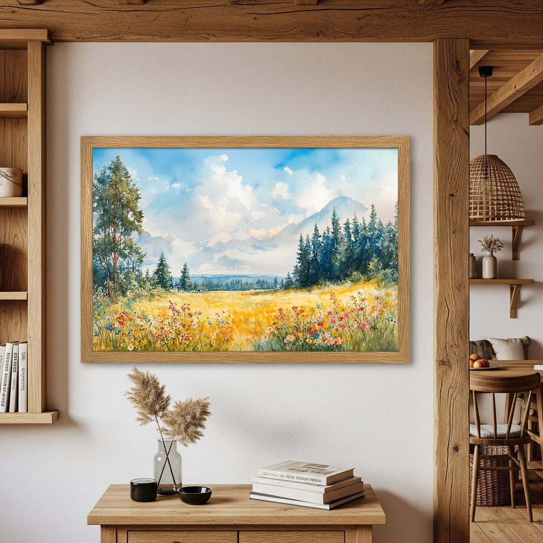 Framed Poster of a watercolor landscape with a field of flowers, blue sky, and mountain. Earthy tones and rustic style.