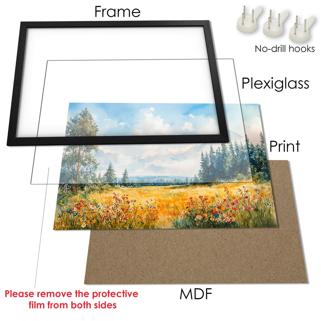 Framed Poster of a watercolor landscape with a vibrant color palette. Perfect wall art for any room.