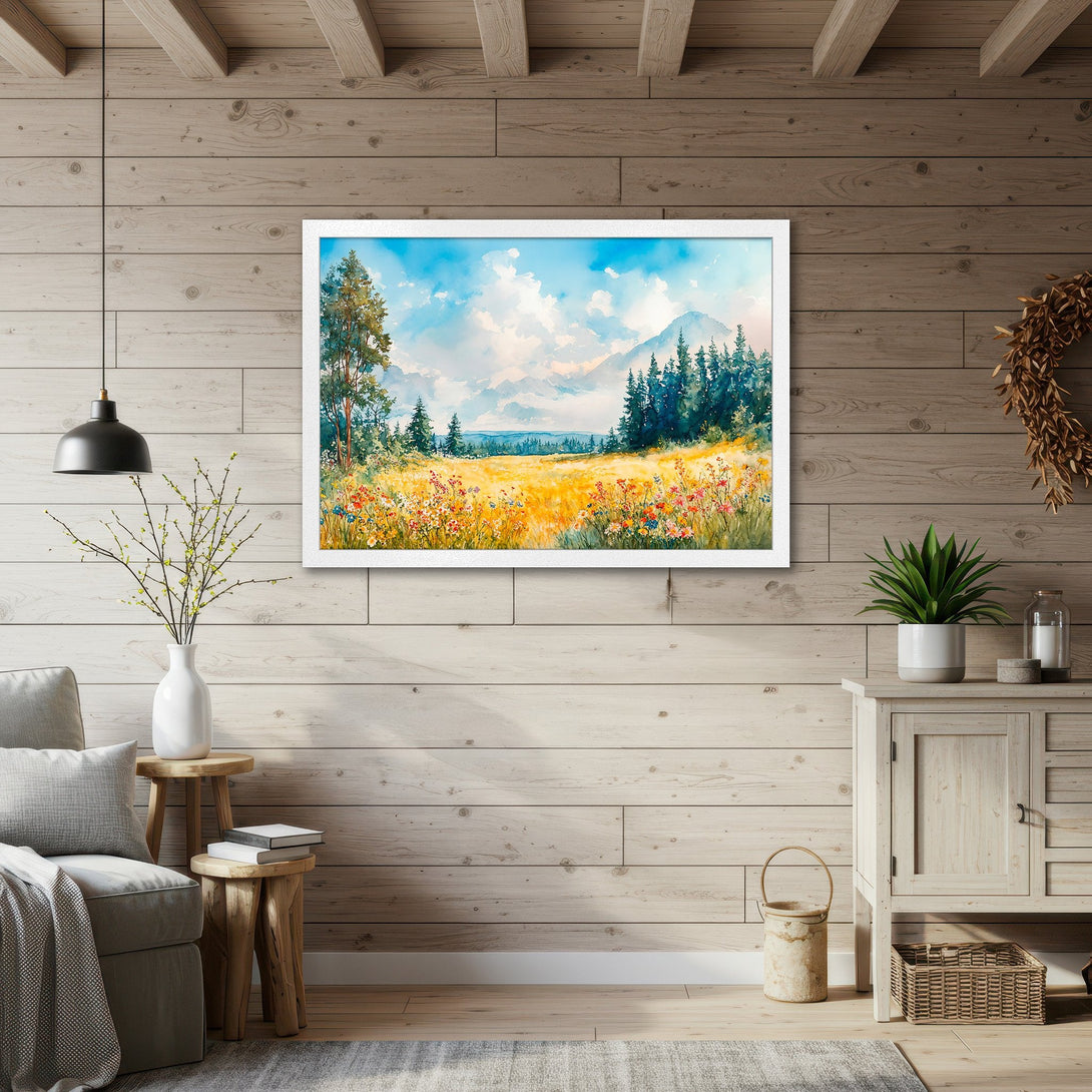 Framed Poster of a watercolor landscape with a yellow field, blue sky, and green trees. Perfect wall art for your home!