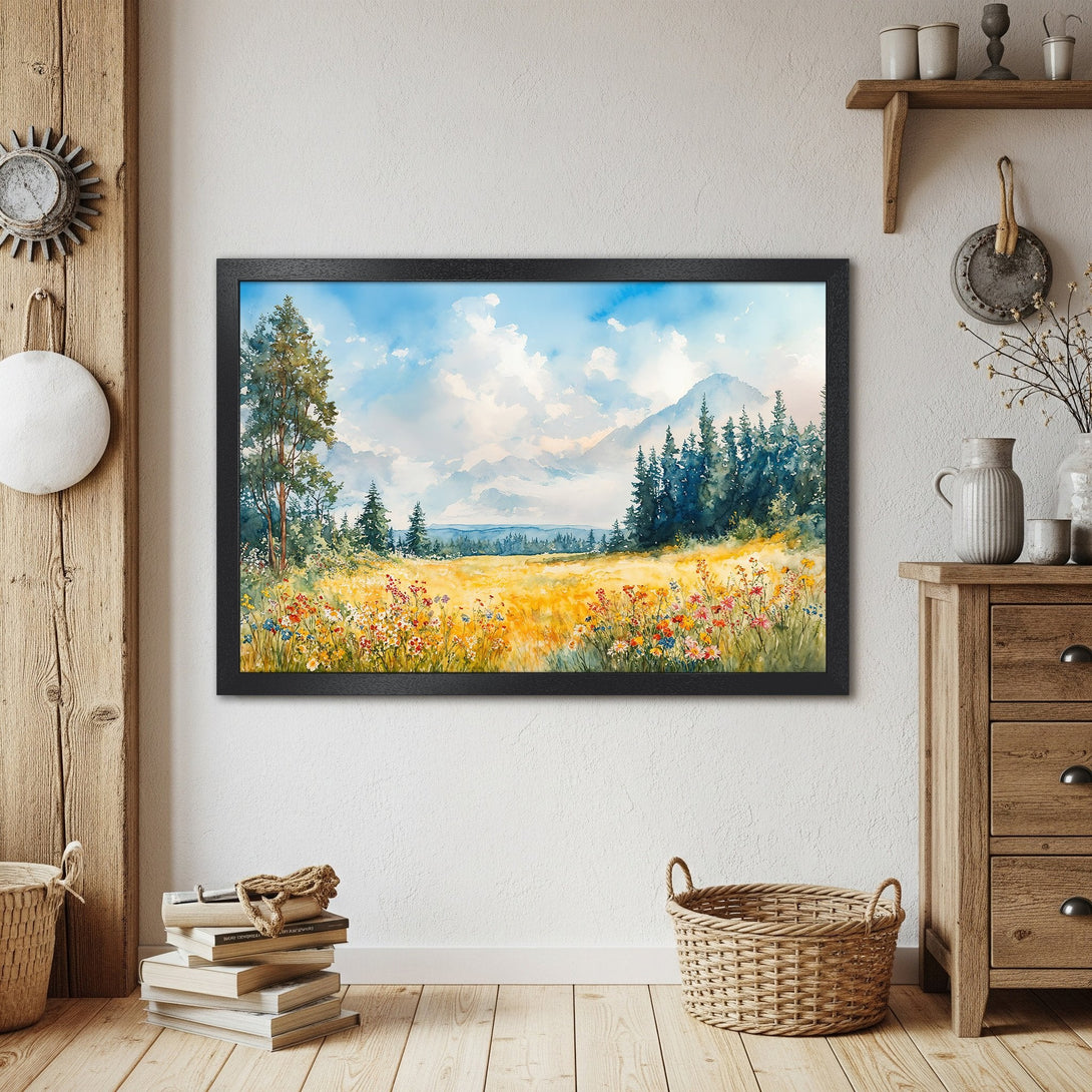 Framed Poster of a watercolor landscape. Featuring a field, mountains, and blue sky. Soft, natural color palette. Perfect wall art.