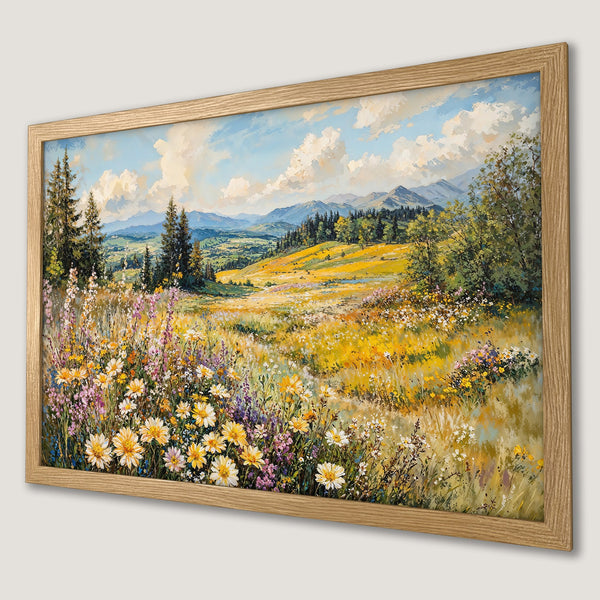 Framed Poster of a vibrant landscape painting. Features wildflowers, mountains, and a warm color palette. Perfect for home decor!