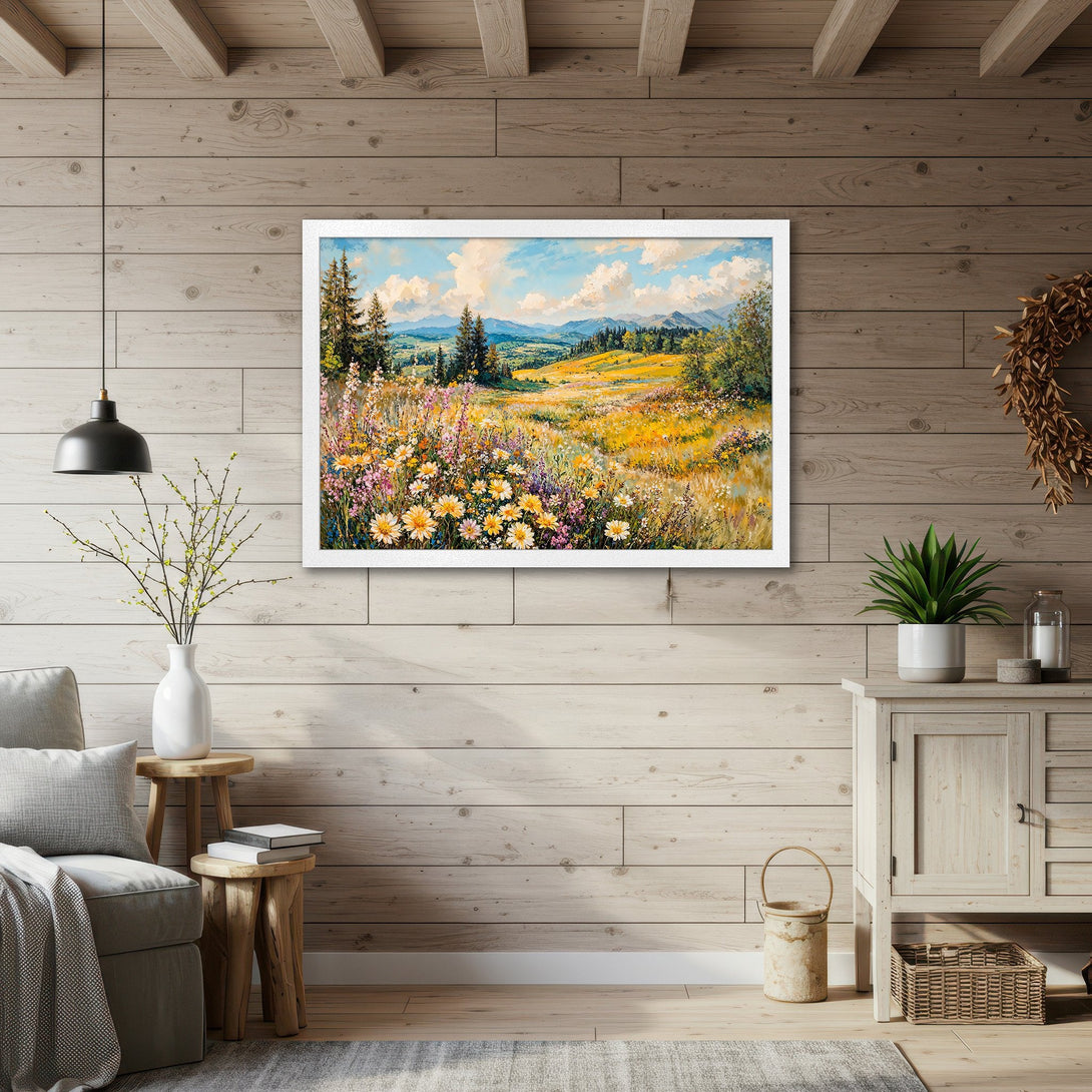 Framed Poster of a vibrant landscape painting with yellow and purple wildflowers. Warm, inviting color palette. Perfect wall art for your home.