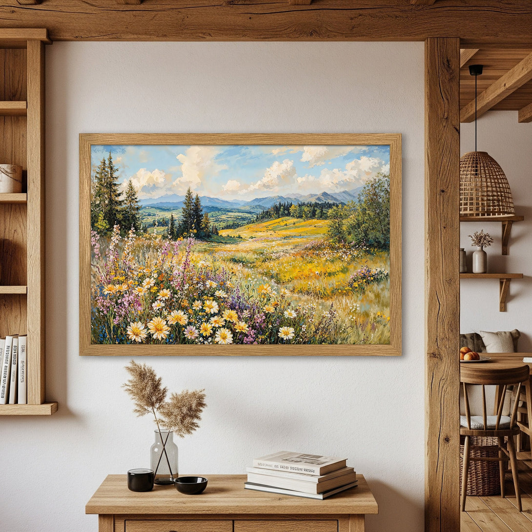 Framed Poster of a vibrant meadow landscape painting. Featuring a warm, natural color palette and impressionistic style. Perfect wall art!