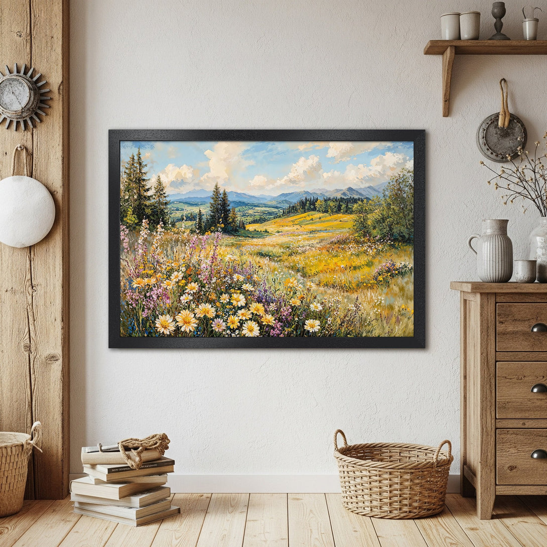 Framed Poster of a vibrant landscape painting with yellow and purple wildflowers, mountains, and blue skies. Warm, inviting color palette.