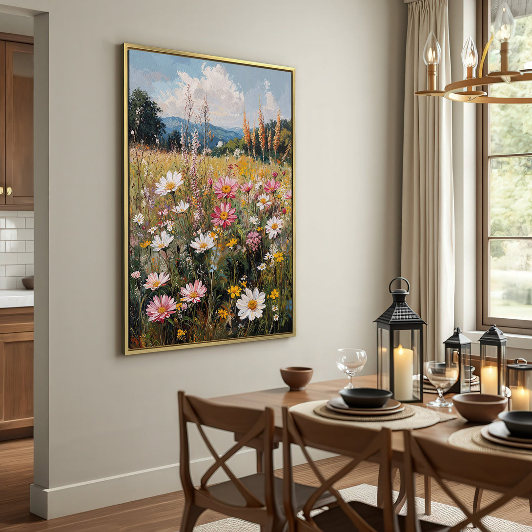 Canvas Print of a vibrant wildflower meadow painting in a rustic interior. Features a colorful palette of pink, white, yellow, and green.