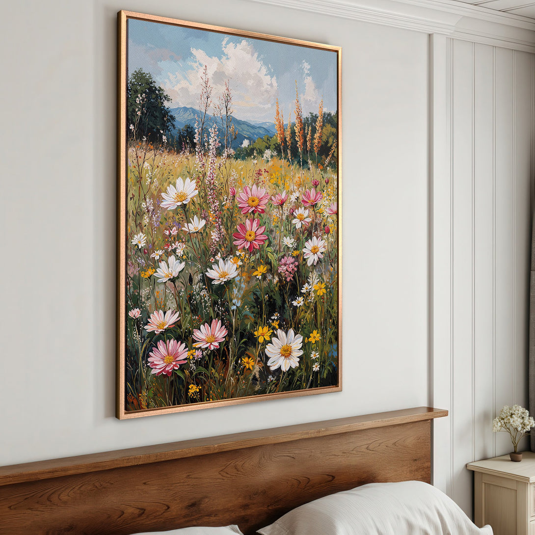 Framed Wall Art: Impressionist floral meadow canvas print with pink, white, and yellow flowers. Adds a touch of nature and color to any room.
