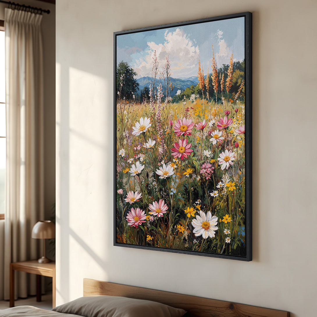 Framed Wall Art: Impressionist floral landscape with pink, white, and yellow flowers. Adds a touch of nature's beauty to any room.