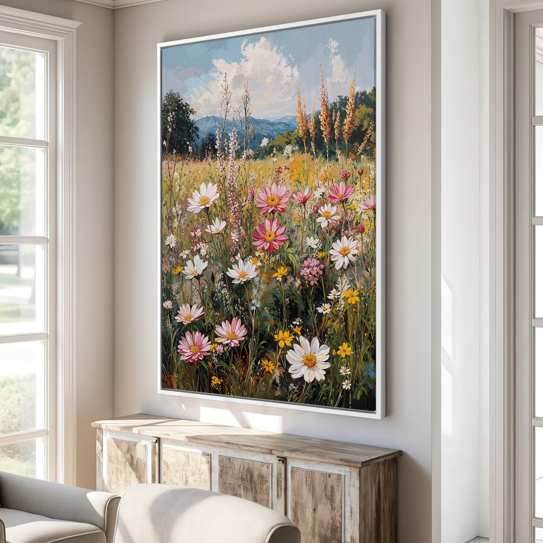 Framed Wall Art featuring a vibrant wildflower meadow painting in a warm, natural color palette. Perfect for adding a touch of nature to your home decor.