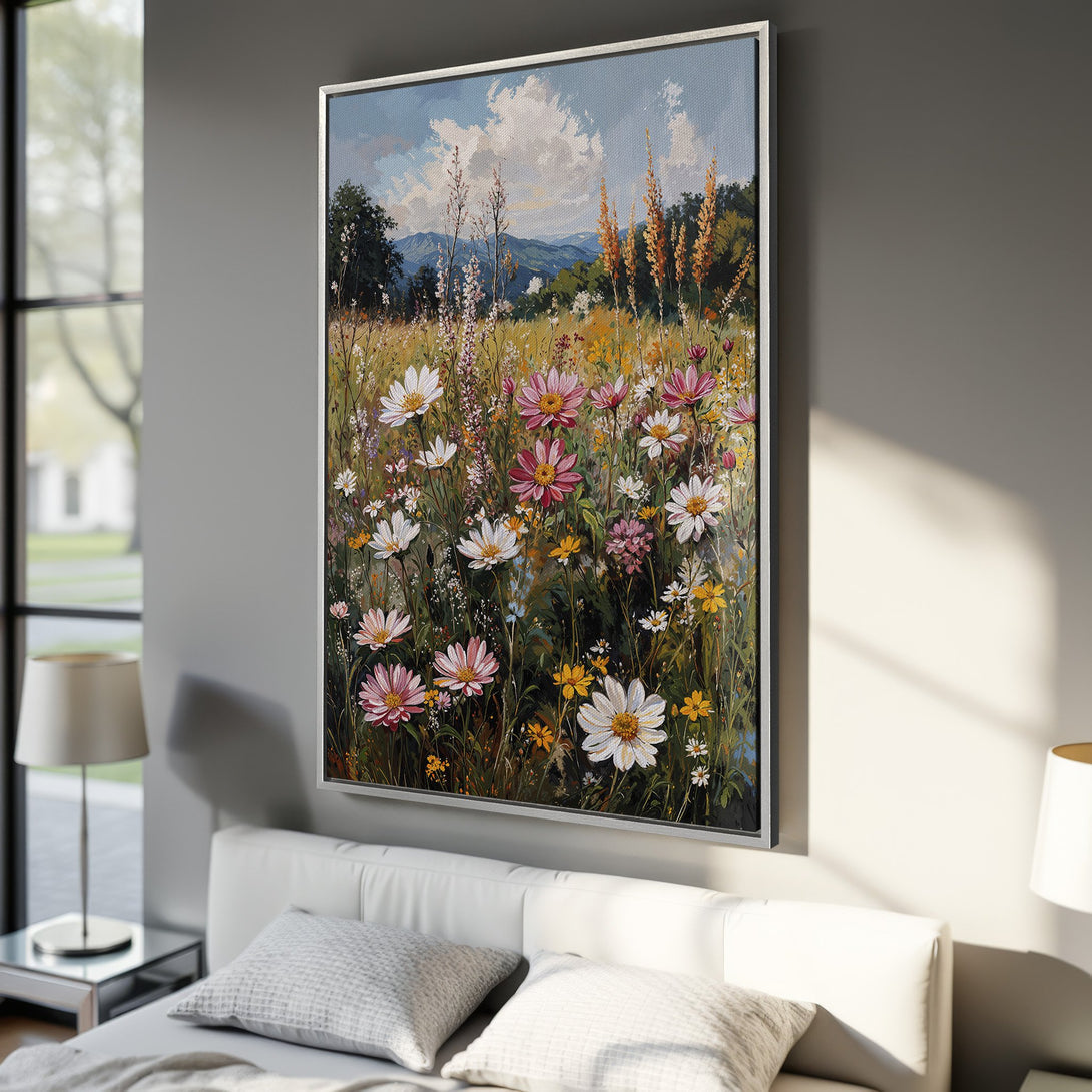 Framed Wall Art: Impressionist floral meadow canvas print with pink, white, and yellow flowers. Adds a touch of nature and color to any room.