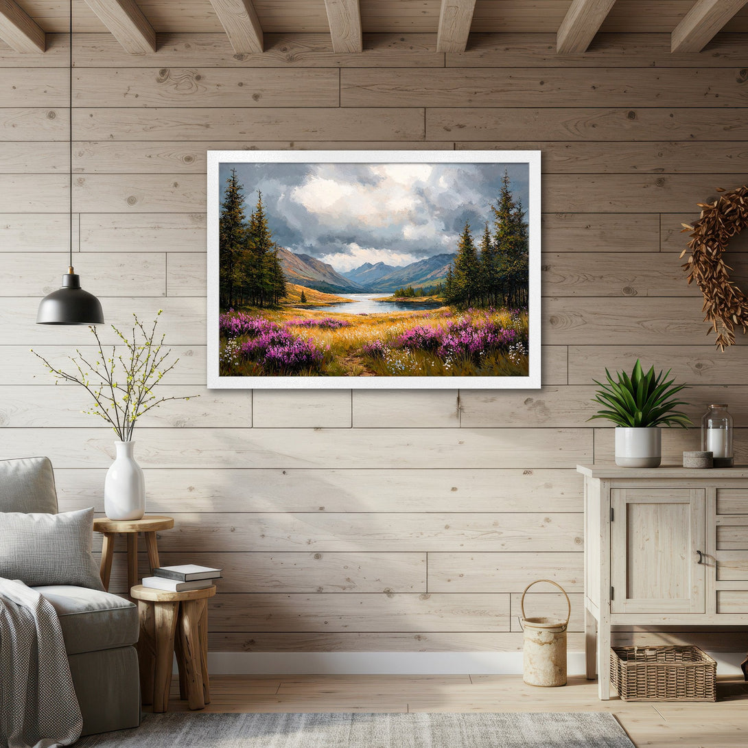Framed Poster of a landscape painting with mountains, lake, and purple flowers. Impressionistic style, natural color palette. Perfect wall art.