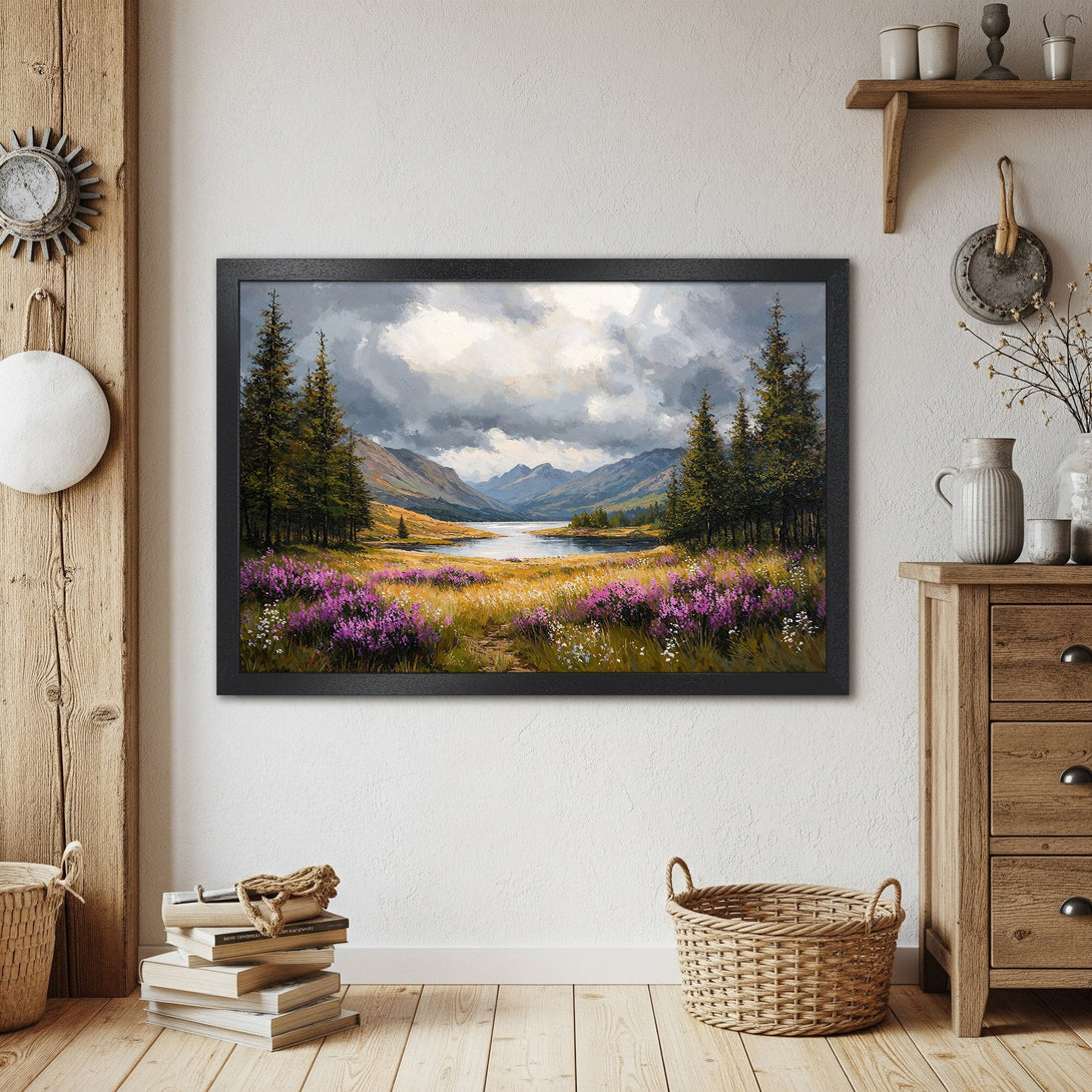 Framed Poster of a landscape painting with mountains, lake, and purple flowers. Impressionist style, cool color palette.