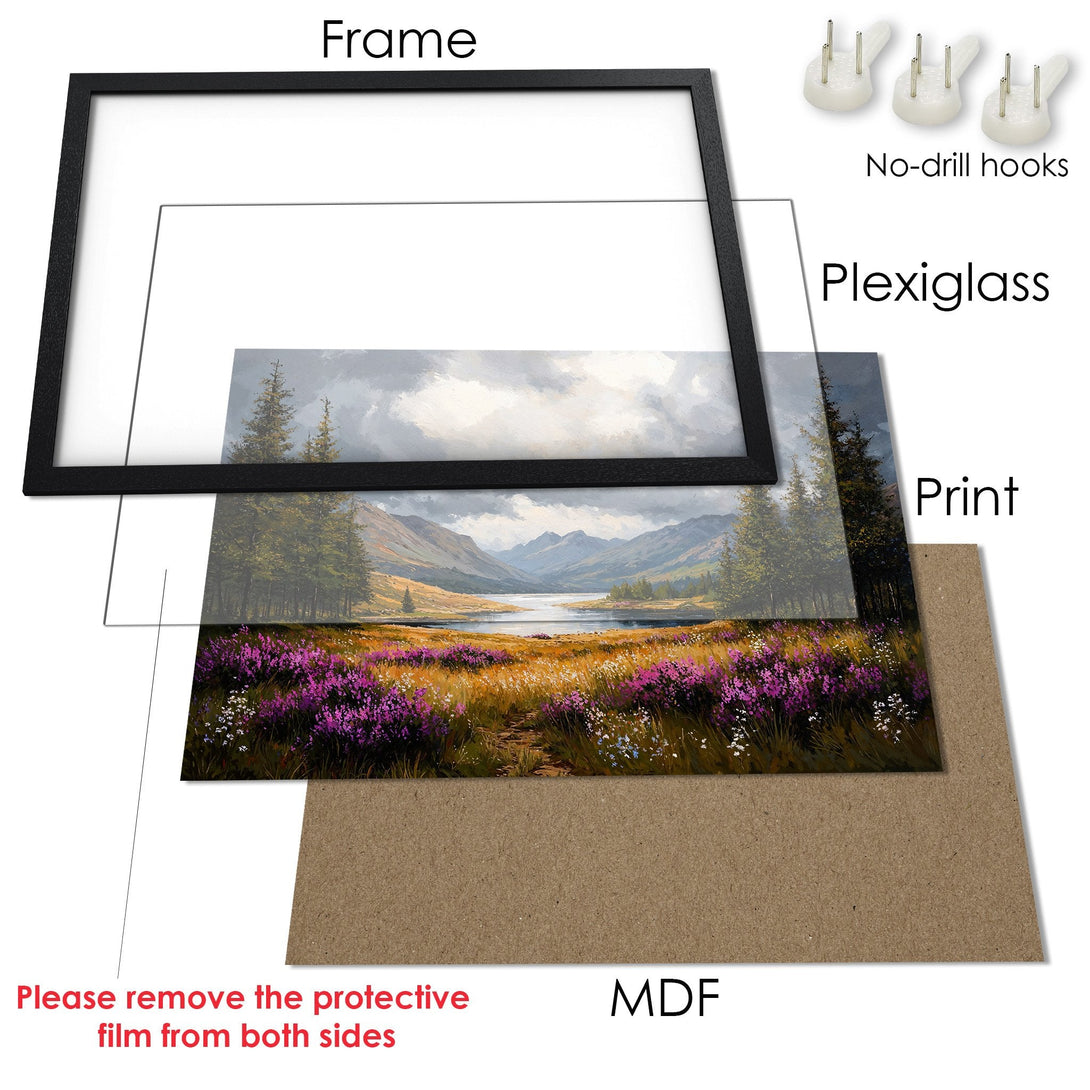 Framed Poster featuring a landscape painting in a naturalistic style with a muted color palette. Enhance your space with art!
