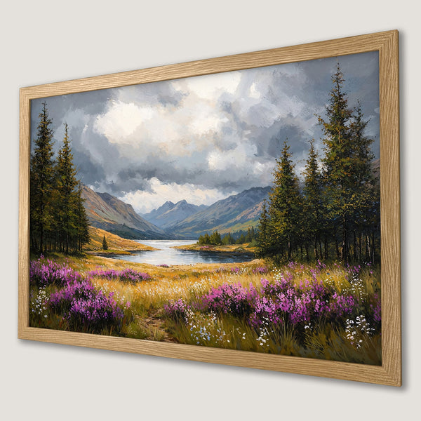 Framed Poster of a scenic landscape painting with a moody sky, mountains, and purple wildflowers. Earthy tones.