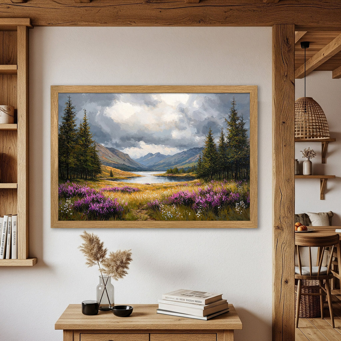 Framed Poster of a serene landscape painting with mountains, trees, and flowers. Earthy tones and a calming style. Perfect wall art!