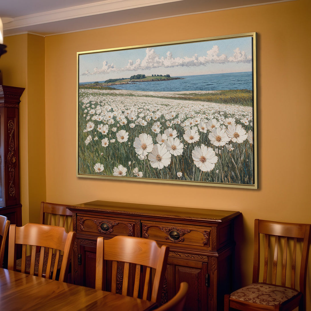 Canvas Print of a serene floral landscape with white flowers, blue sky, and green grass. Adds a touch of nature with a neutral color palette.