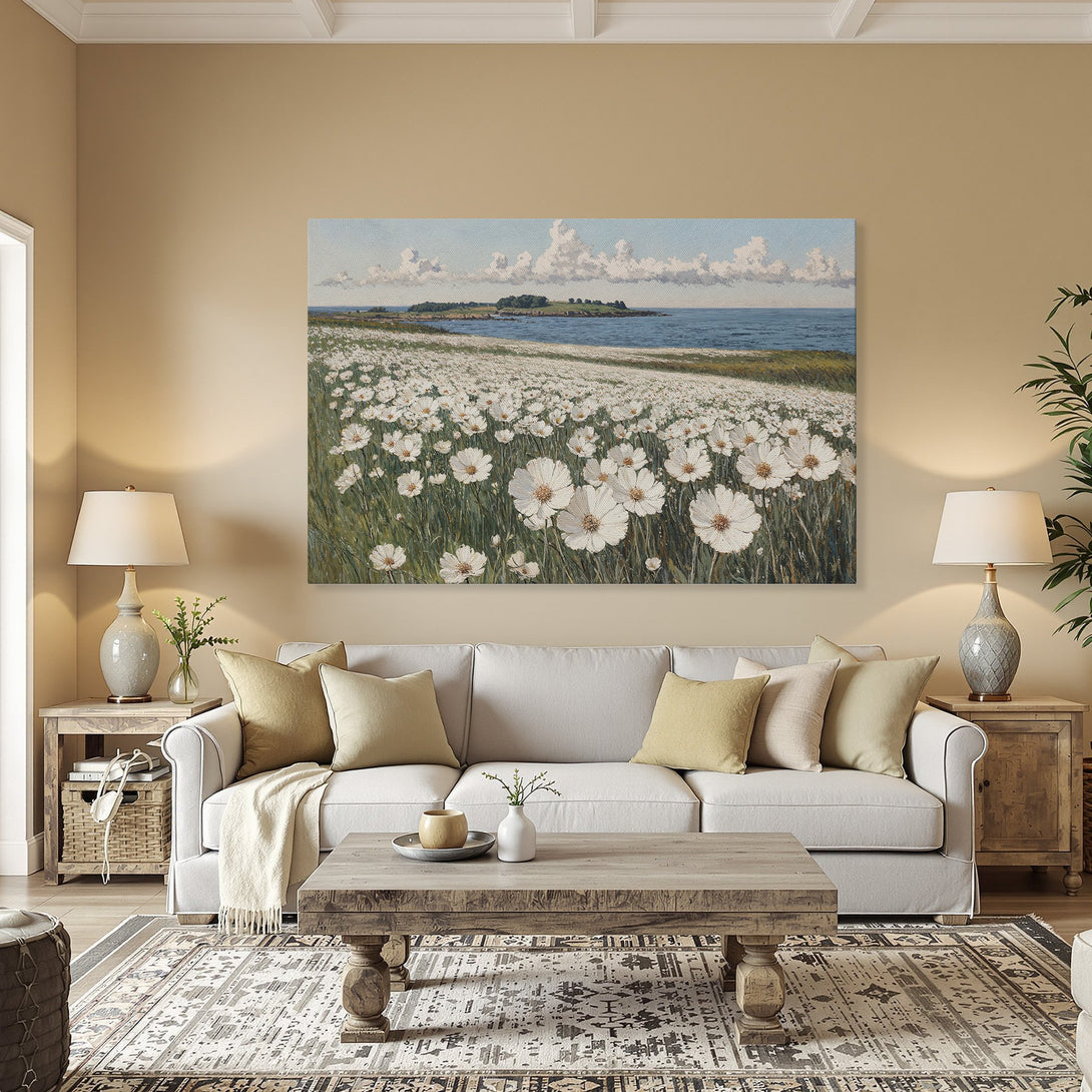 Framed Wall Art Canvas Print of a coastal landscape with white flowers, blue sea, and sky. Warm, inviting color palette for home decor.
