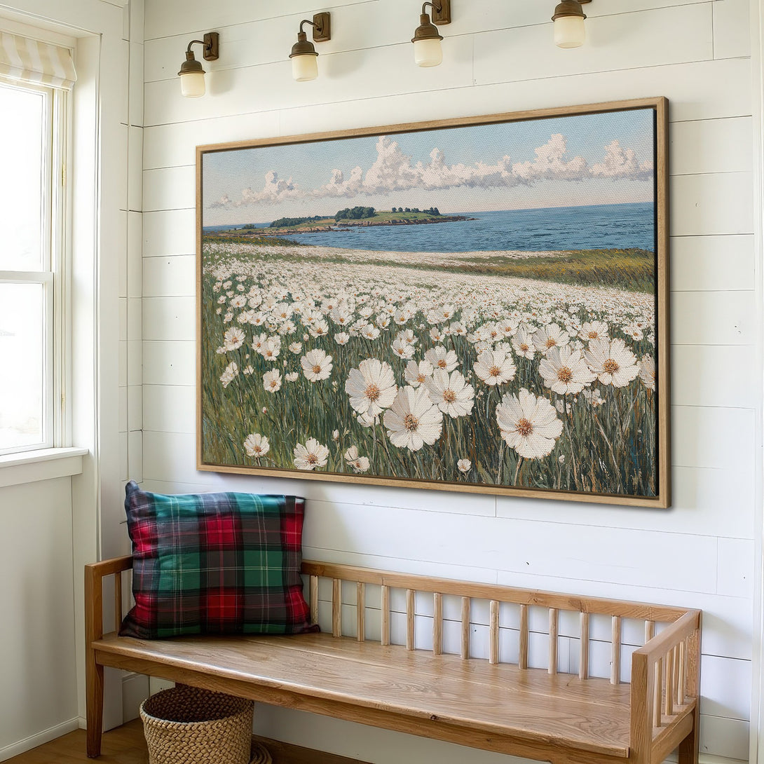 Framed Wall Art: Coastal landscape Canvas Print with white flowers, blue sky, and green fields in a light, airy style. Perfect for farmhouse decor.