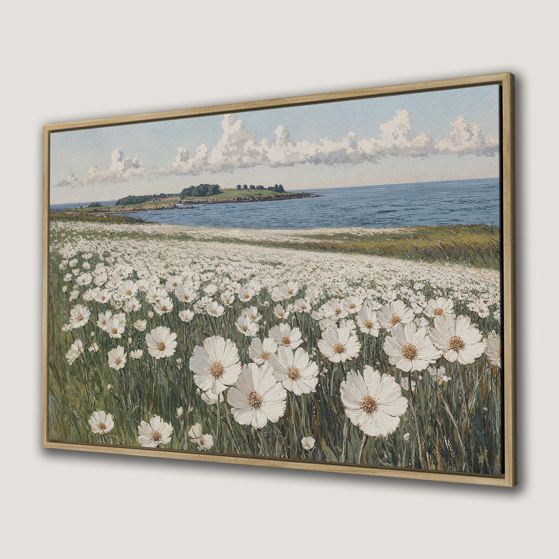 Framed Wall Art: Coastal landscape with white flowers, blue sea, and sky. Impressionistic style, neutral color palette. Perfect for a serene home.