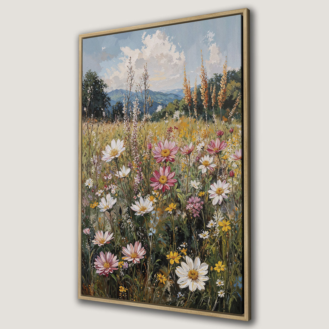 Framed Wall Art featuring a vibrant wildflower meadow painting. Warm, earthy tones and a touch of blue create a serene landscape. Perfect for adding natural beauty to your space.