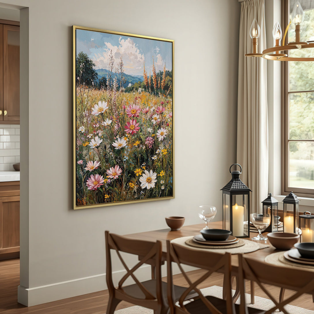 Canvas Print of a vibrant wildflower field in a rustic interior. Features a colorful, impressionistic style with a warm, natural color palette.