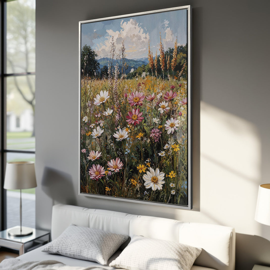 Framed Wall Art featuring a vibrant wildflower meadow painting. Impressionistic style with a warm, natural color palette, perfect for bedroom decor.