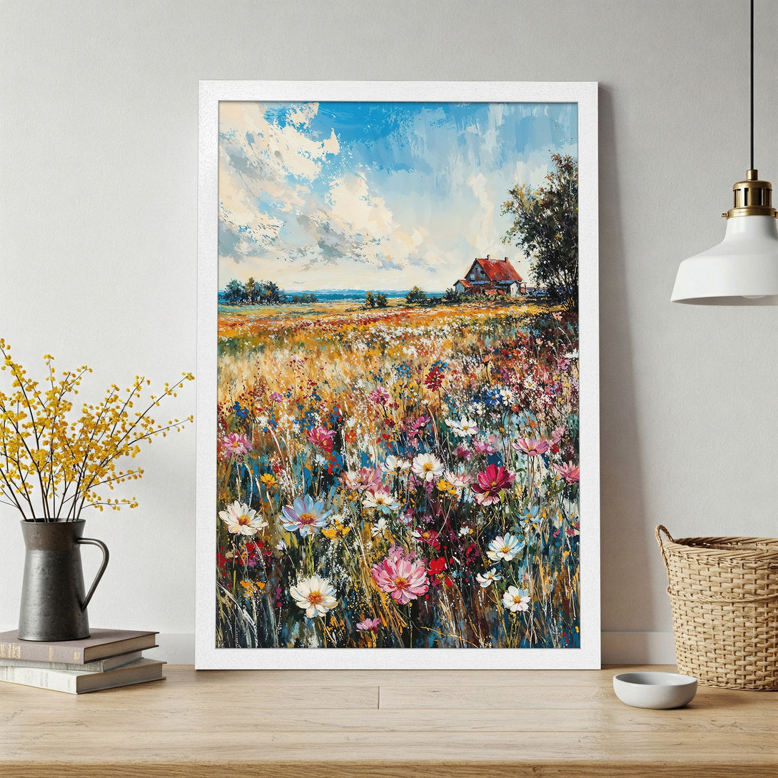 Framed Poster of a vibrant wildflower field painting. Impressionist style with a colorful palette, perfect for adding a touch of nature to your home.