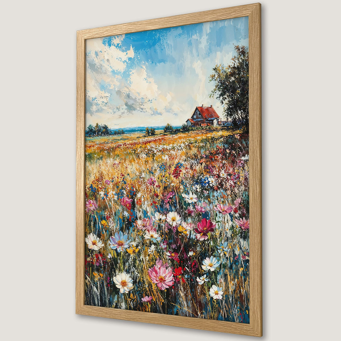 Framed Poster of a vibrant wildflower field painting. Impressionistic style with a colorful palette of blues, greens, yellows, and pinks. Perfect wall art.