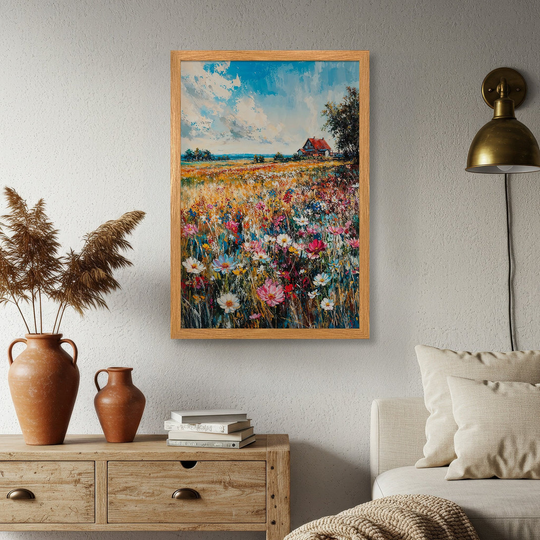 Framed Poster of a vibrant field with a house, in an impressionistic style. Features a warm, colorful palette of blues, yellows, and reds. Perfect wall art!