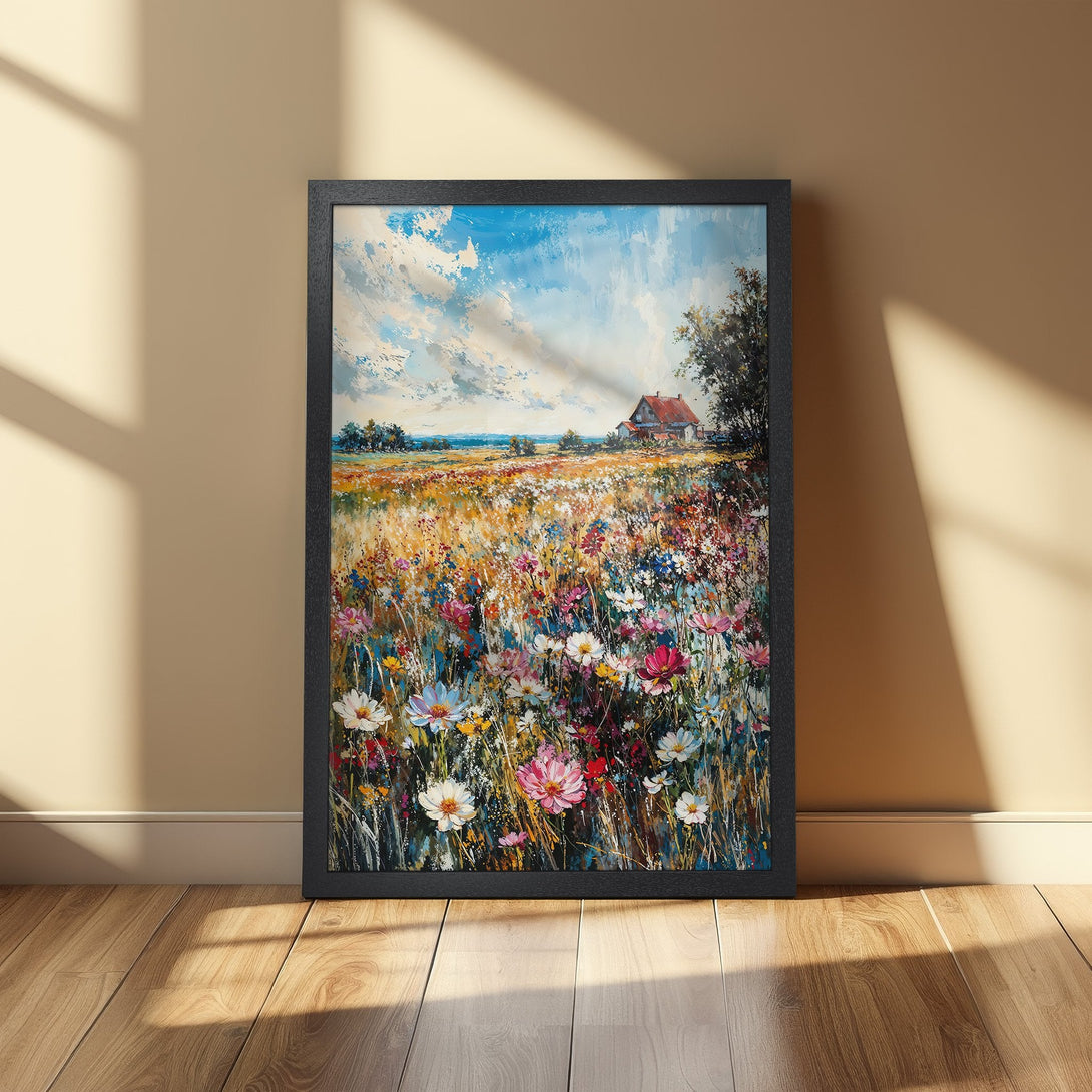 Framed Poster of a vibrant field of wildflowers with a house, in an impressionistic style with a colorful palette.