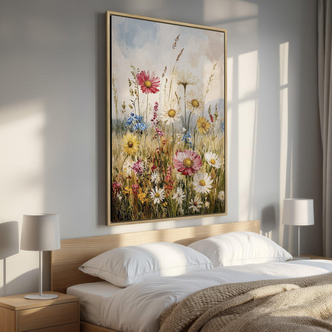 Framed Wall Art featuring a vibrant floral meadow painting. Colorful blooms in pink, yellow, and blue against a neutral backdrop. Perfect bedroom decor.