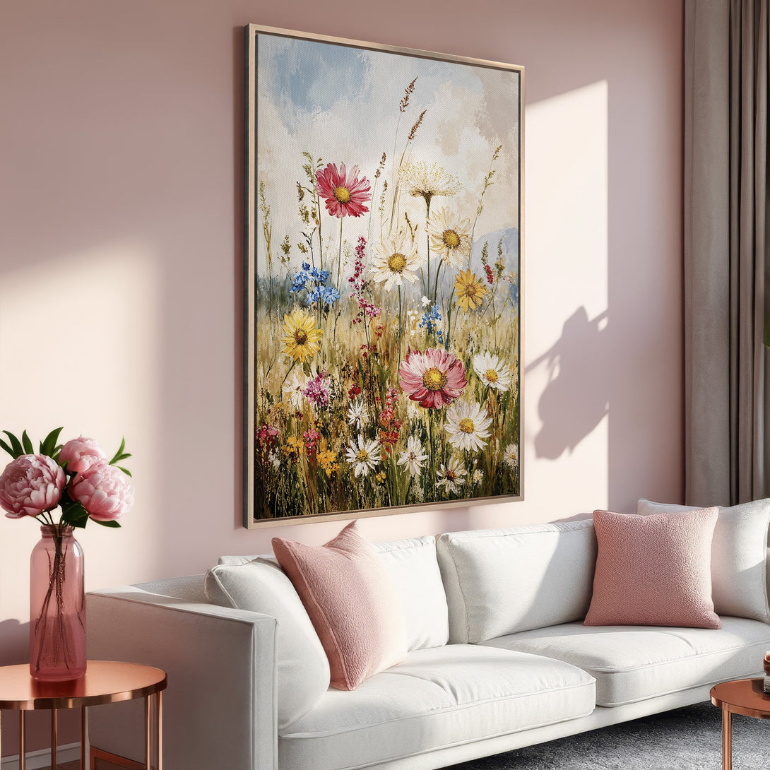 Framed Wall Art: Floral canvas print in a modern interior. Features a colorful wildflower meadow with a soft, pastel color palette. Perfect home decor!