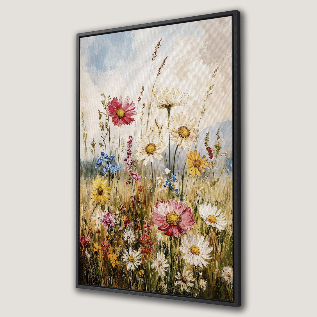 Framed Wall Art featuring a vibrant wildflower meadow painting. Warm, earthy tones with pops of pink, yellow, and blue. Perfect for farmhouse or cottagecore decor.