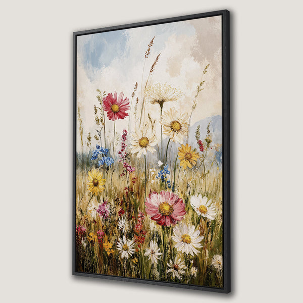 Framed Wall Art featuring a vibrant wildflower meadow painting. Warm, earthy tones with pops of pink, yellow, and blue. Perfect for farmhouse or cottagecore decor.