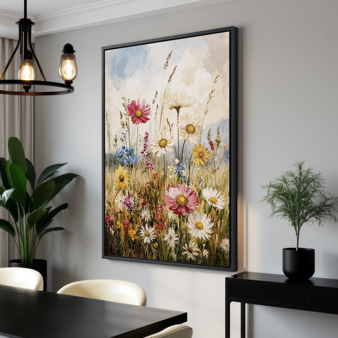 Framed Wall Art featuring a vibrant floral meadow painting. Soft, impressionistic style with a warm, earthy color palette. Perfect for adding natural beauty to any room.