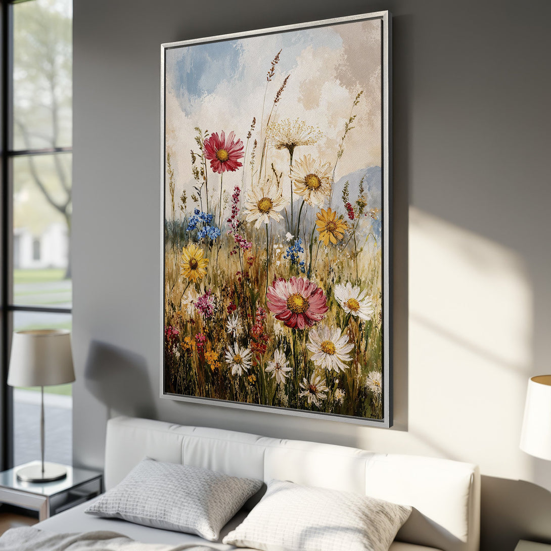 Framed Wall Art: Floral Canvas Print in warm tones. Impressionistic style with vibrant wildflowers in a bedroom setting. Perfect for home decor.