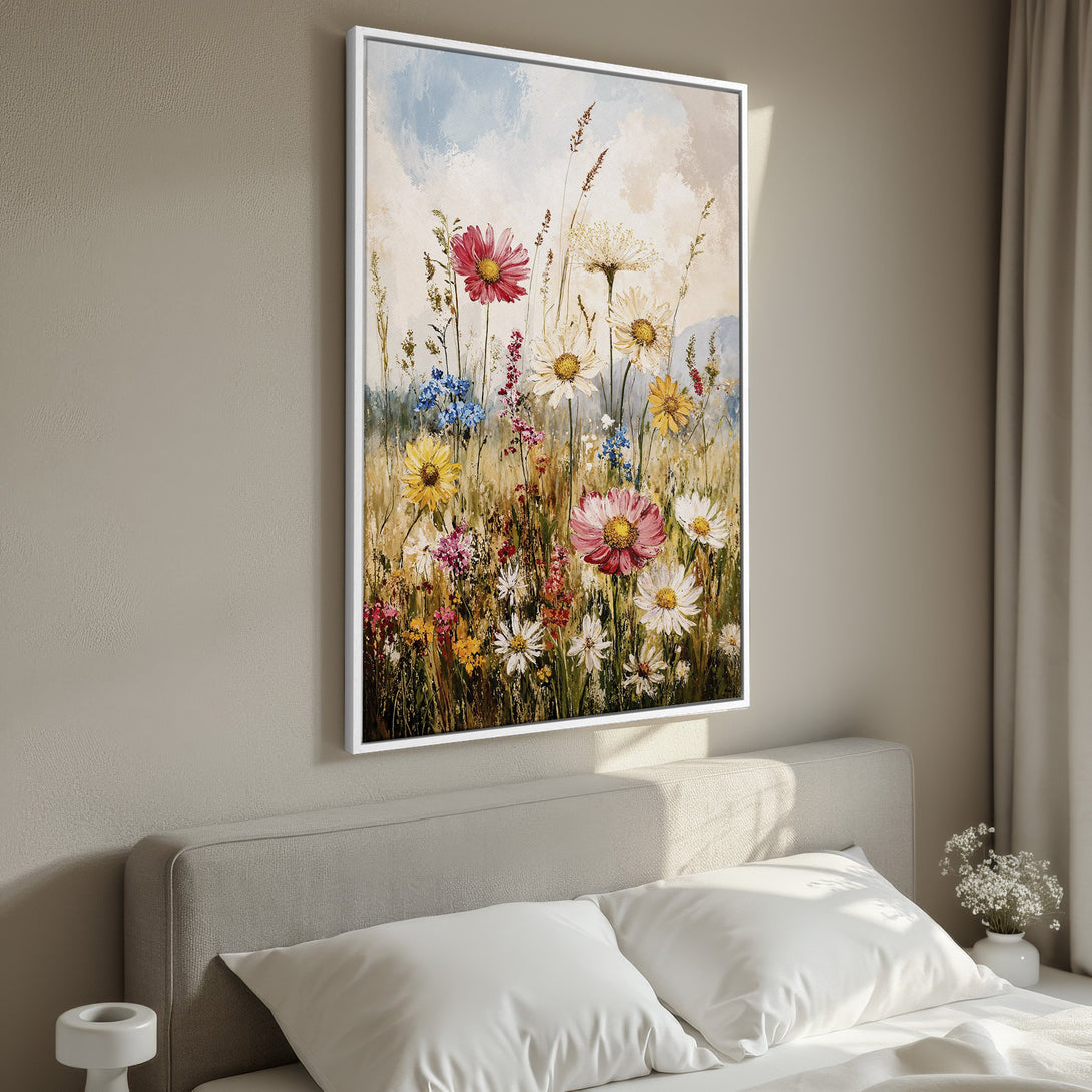 Framed Wall Art: Vibrant floral canvas print in a warm, neutral bedroom. Featuring colorful wildflowers with a soft, painterly style and a natural color palette.