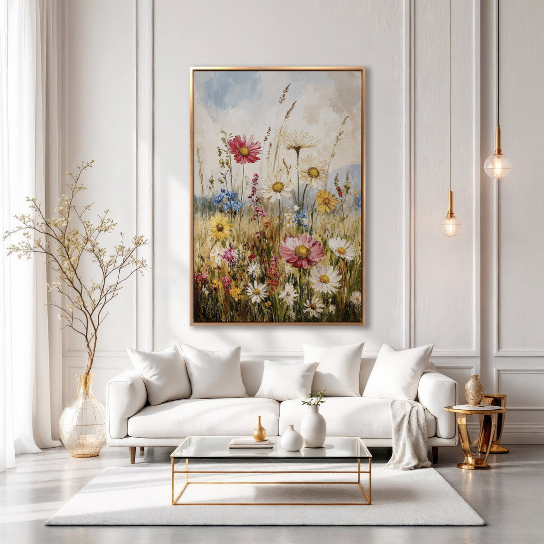 Framed Wall Art: Floral painting in a gold frame. Soft, impressionistic style with a colorful palette of pink, yellow, and blue flowers. Perfect for home decor.