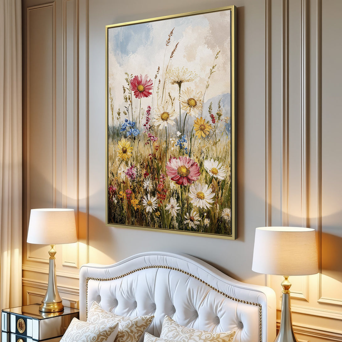 Canvas Print of a vibrant floral meadow painting in a modern interior. Features a colorful palette of pinks, yellows, and blues. Perfect wall art.