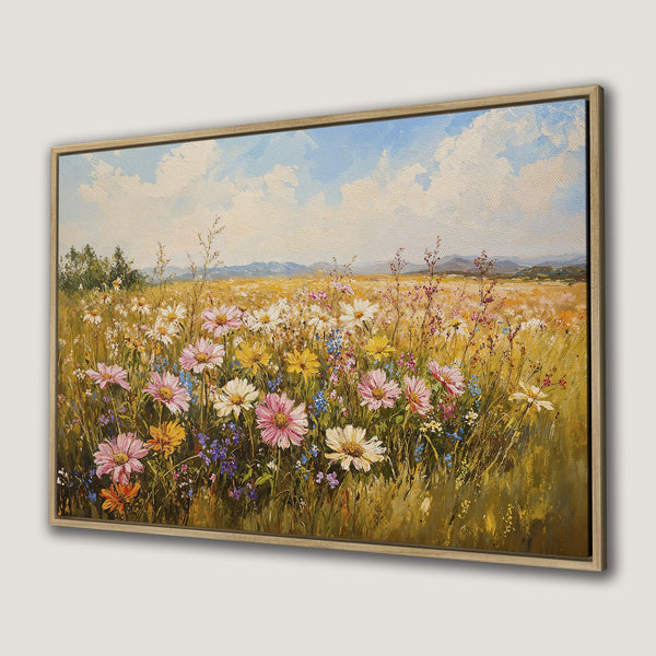 Framed Wall Art: Impressionist painting of wildflowers in a field, featuring a warm, colorful palette of pinks, yellows, and blues. Perfect for home decor.