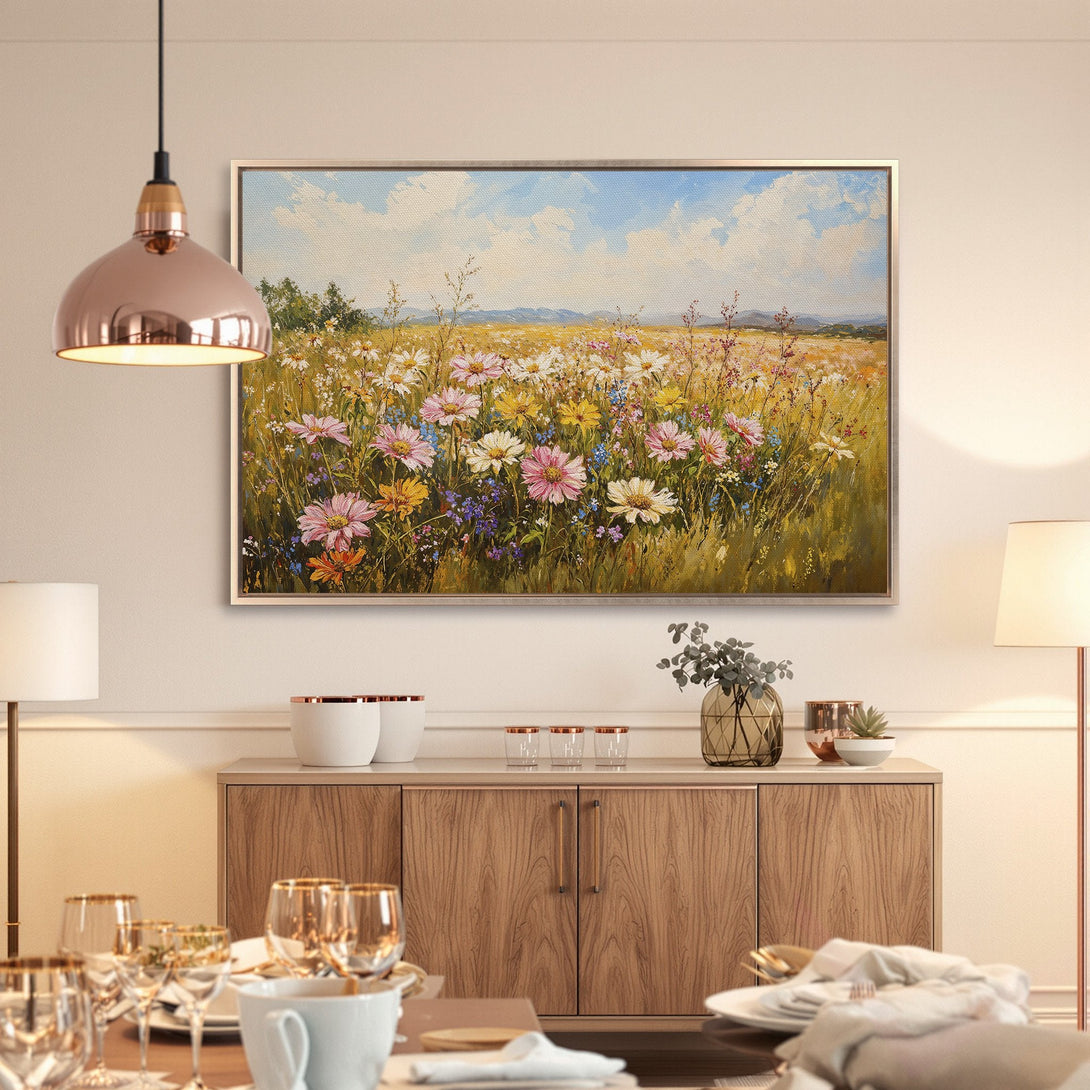 Framed Wall Art: Impressionist floral landscape painting with a warm, inviting color palette. Perfect for adding a touch of nature to your home.