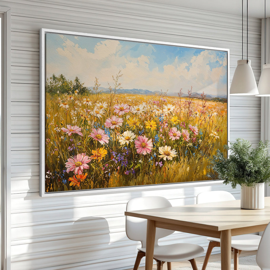 Framed Wall Art: Impressionist floral field Canvas Print with pink, yellow, and blue flowers. Perfect wall decor for a bright, airy interior.