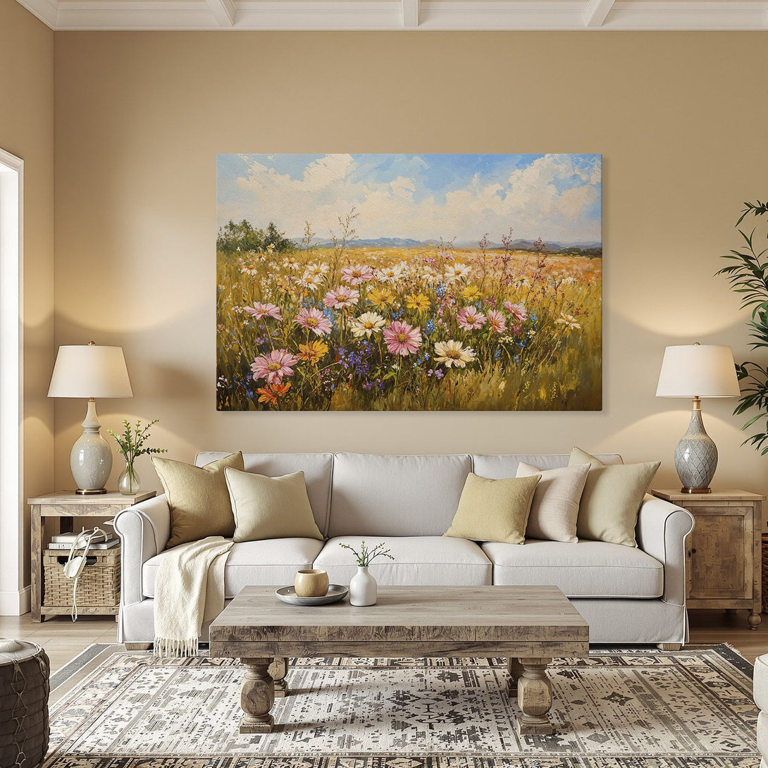 Framed Wall Art of a vibrant wildflower field in a warm color palette. Adds a touch of nature's beauty to any space.