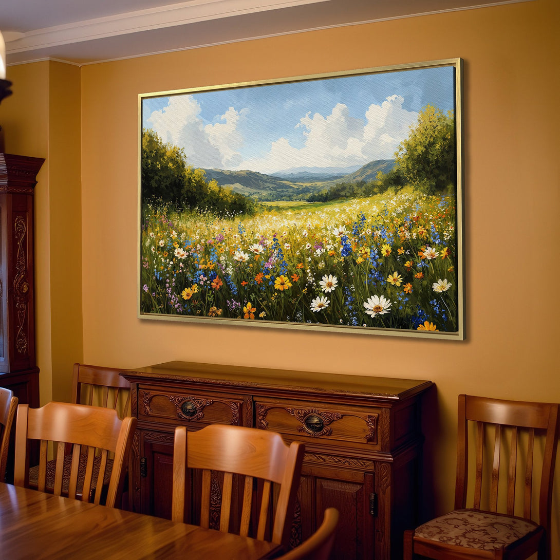 Canvas Print of a vibrant wildflower meadow painting, perfect for adding a touch of nature with a warm, inviting color palette.
