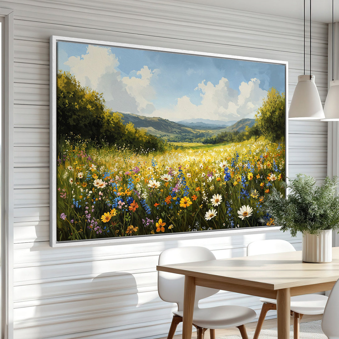 Framed Wall Art: Impressionist landscape Canvas Print with vibrant wildflowers, blue sky, and a warm, inviting color palette. Perfect for any room!