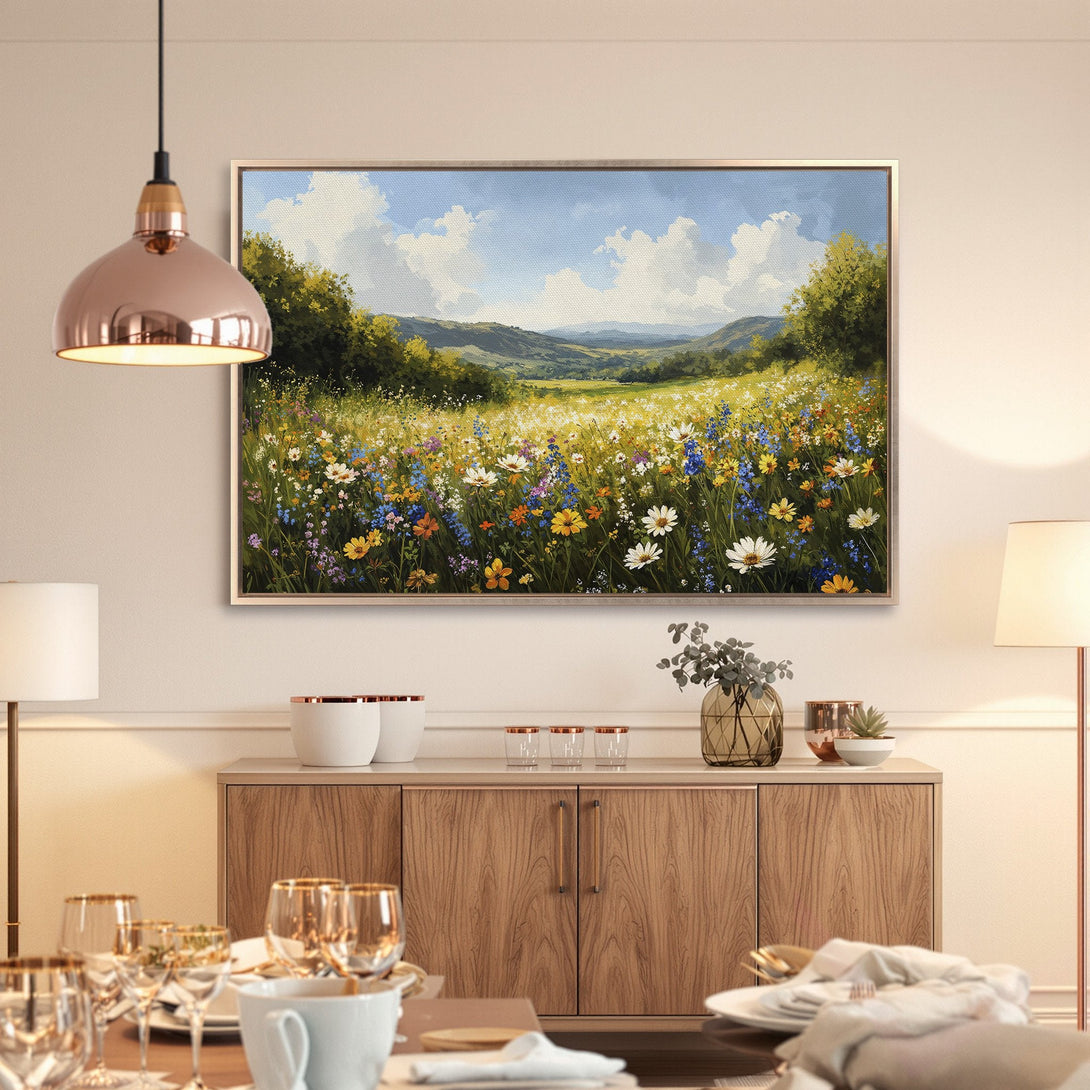 Framed Wall Art: Impressionist landscape Canvas Print with vibrant wildflowers. Adds a touch of nature's beauty to any space. Warm color palette.