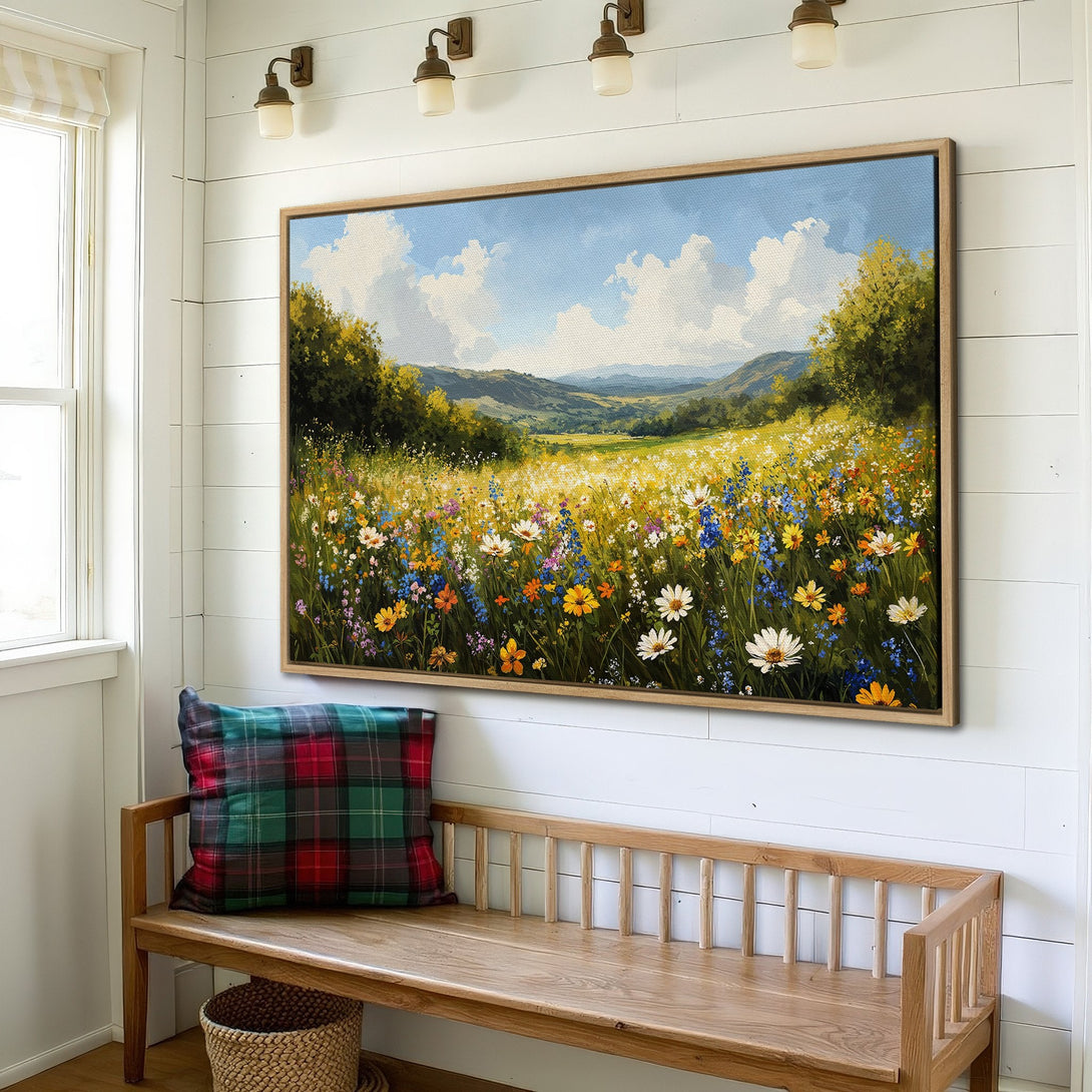 Framed Wall Art: Beautiful wildflower meadow Canvas Print in a rustic interior. Featuring vibrant colors and a peaceful landscape scene. Perfect for home decor.