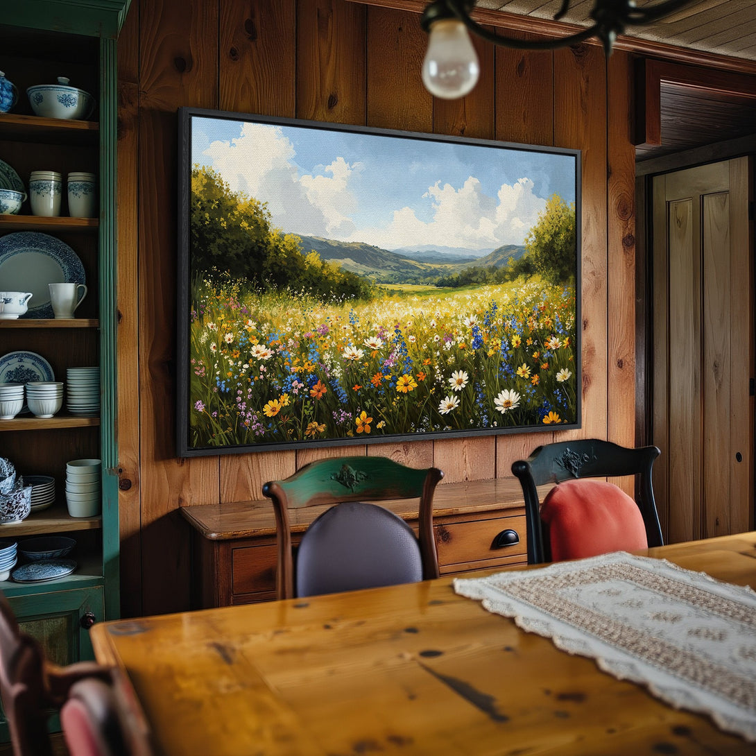 Framed Wall Art: Landscape Canvas Print featuring a vibrant field of wildflowers in a warm, inviting color palette. Perfect for adding a touch of nature.