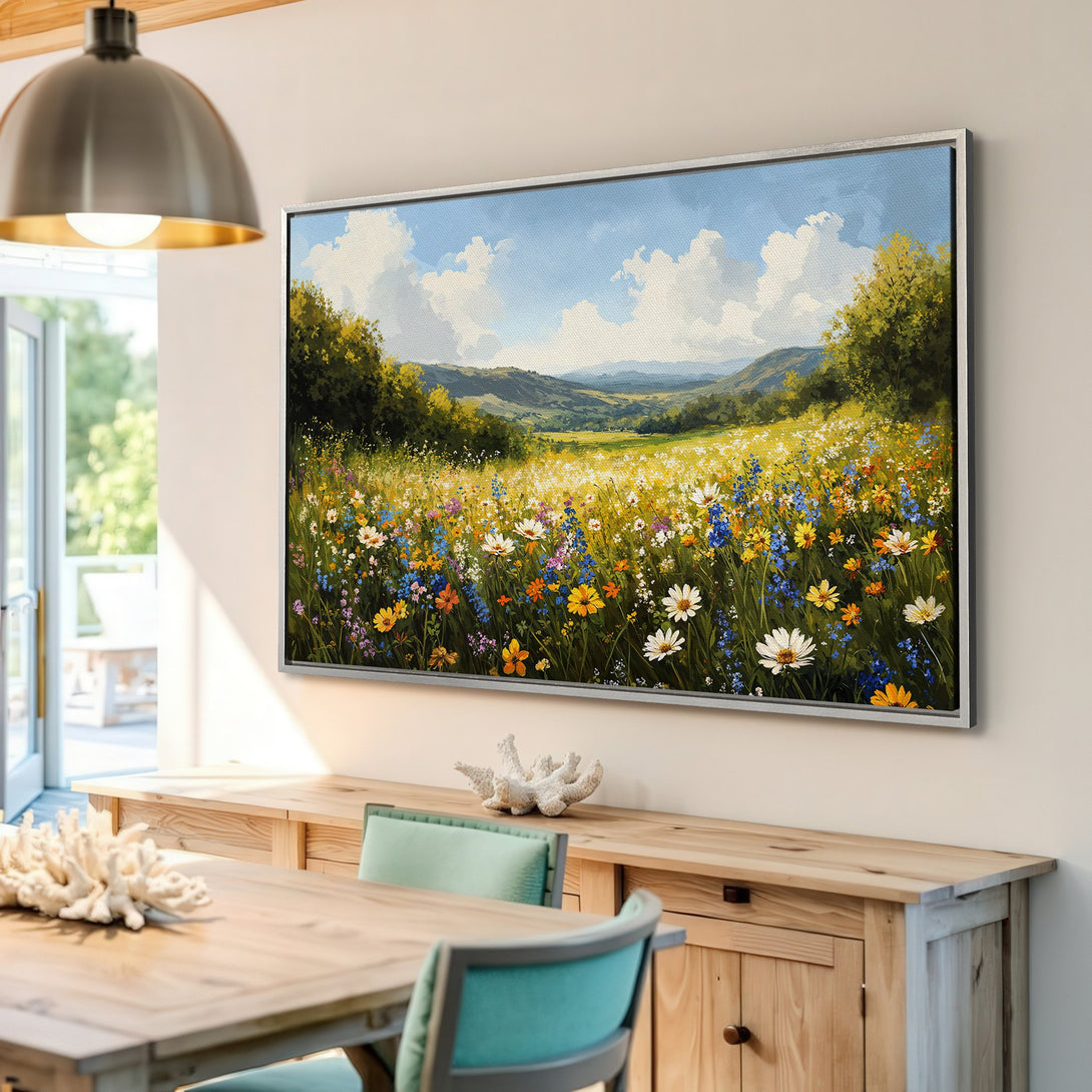 Framed Wall Art: Impressionist landscape Canvas Print with vibrant wildflowers, blue sky, and a warm, inviting color palette. Perfect for home decor.